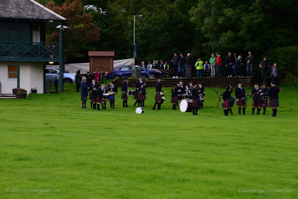 The Pipes and Drums close before their performance at the Pitlochry Highland Evening